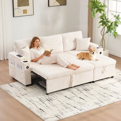 Wishdor - 3-Zits Slaapbank - Met Uitschuifbaar Tweepersoonsbed, Opbergruimte, Bekerhouders En USB-C-Aansluitingen - Modern Ontwerp - Woonkamer - Ribstof En Hout - Beige - 212,5 X 136 X 86 Cm