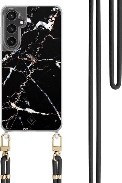 Casimoda® hoesje met koord - Geschikt voor Samsung S24 FE - Marmer Zwart - Afneembaar koord - TPU/polycarbonaat - Zwart