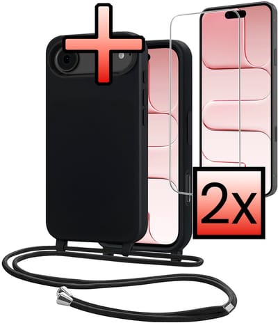 Hoes Geschikt voor iPhone Air Met Telefoonkoord Met 2x Screenprotector - Siliconen Hoesje Backcover Met Ketting - Zwart