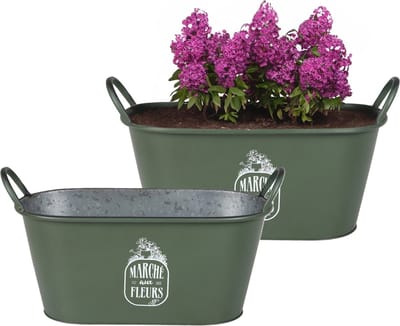 Sunnydays Teil/plantenpot/bloempot - 2x - zink - legergroen - L39 x B16 x H21 cm