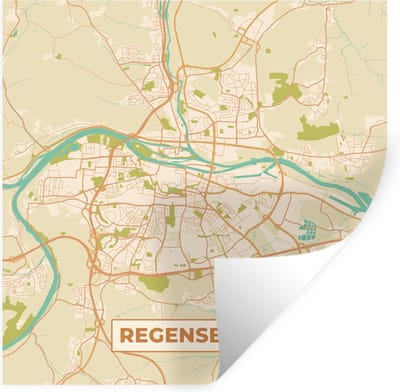 Muurstickers - Sticker Folie - Plattegrond - Kaart - Regensburg - Stadskaart - Vintage - 100x100 cm - Plakfolie - Muurstickers Kinderkamer - Zelfklevend Behang XXL - Zelfklevend behangpapier - Stickerfolie