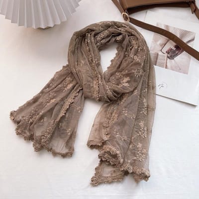 Vintage Hol Kant Sjaal Dames Sjaal Zijden Sjaal Transparant Wit Gaas Geborduurd Dunne Katoen en Linnen Lente en Herfst 160-160cm gray