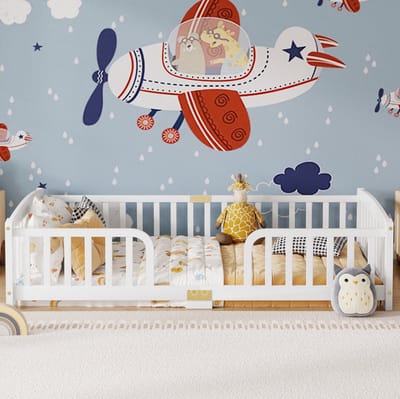 FloraGrace Kinderbed 90x200 cm – Vloerbed Met Uitvalbeveiliging en Centrale Instap – Normaal Bed – Zonder Matras – Hout – Wit
