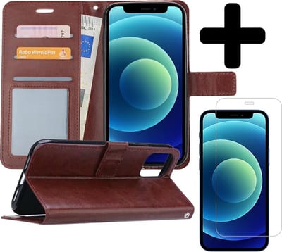 Hoesje - Met Screenprotector - Geschikt voor Apple iPhone 12 - Luxe Pasjeshouder - Flipcase - Bookcase Portemonee - Flip Case - Kunstleer Book Case - Book Cover - Walletcase - Portemonneehoes - Telefoonhoes - Bruin