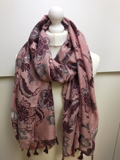Lange dames sjaal Friede-gebloemd motief-roze wit grijs bordeaux rood
