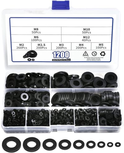 1200 stuks nylon platte ringen voor schroeven en bouten, zwarte plastic ringen, premium spatbordringen assortimentset, diverse ringenset (9 maten-M2 M2.5 M3 M4 M5 M6 M8 M10 M12) voor huishoudelijk en commercieel gebruik
