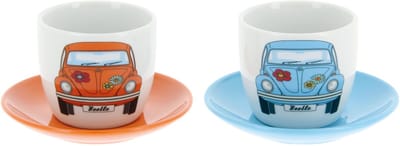 BRISA VW Collection - Volkswagen VW 2-delige set keramische espressokopjes met schoteltjes VW Kever/Beetle (100 ml/voorkant/2 kleuren)