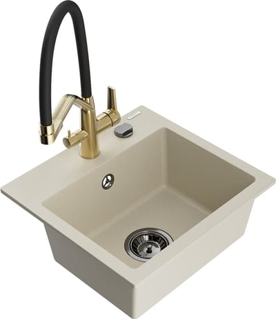 Mexen Milo granieten gootsteen 1-kompartment met keukenkraan Duo, beige - 6505-69-671701-57-B