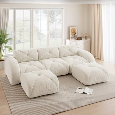 MODENUIT U-bank 3-Zits - Framevrij Modulontwerp Met 2 Hockers - Voor Woonkamer En Lounge - Chenille Wit