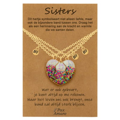 BFF Ketting voor 3 'Sisters' - Magnetisch Glitter Hartje - Vriendschapsketting op Cadeau Kaartje - 45cm + 5cm verstelbaar - Goudkleurig - Best Friends Hanger - Pax Amare