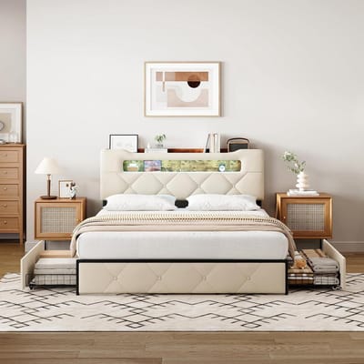 Bed met Lade - Opbergbed Gestoffeerd - Slaapkamer Organiseren - Ingebouwde USB-poort - 140 x 200 cm - E Beige