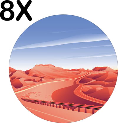 Luxe Ronde Placemat - Weg Door de Woestijn - Getekend - Set van 8 Placemats - 50x50 cm - 2 mm dik Vinyl - Anti Slip - Afneembaar