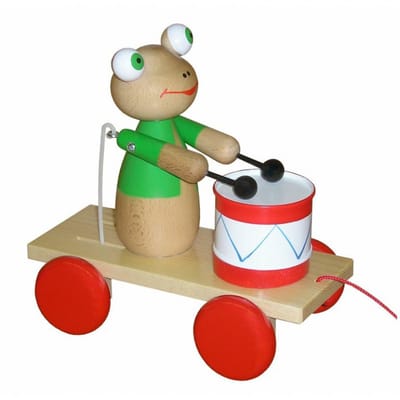 Miva houten trekfiguur kikker met trommel - kleurrijk speelgoed.