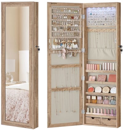 Sieradenkast - Armoire - opslagorganisator - verlichte binnenspiegel, fluweelvoering - 10 cm x 37 cm x 120 cm - bruin