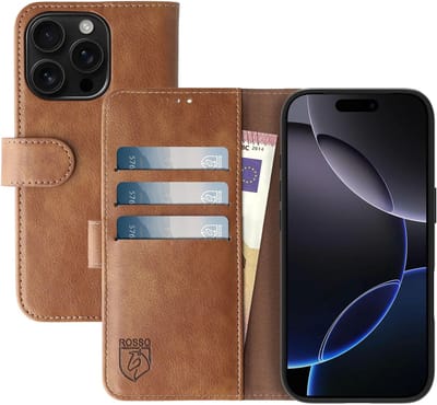 Rosso Element Geschikt voor Apple iPhone 16 Pro | Wallet Book Case | Portemonnee Hoesje | 3 Pasjes | Magneetsluiting | Stand Functie | Bruin