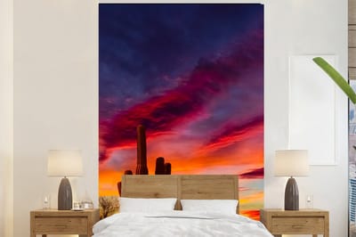 Behang - Fotobehang Cactus - Lucht - Zonsondergang - Paars - Roze - Breedte 195 cm x hoogte 300 cm