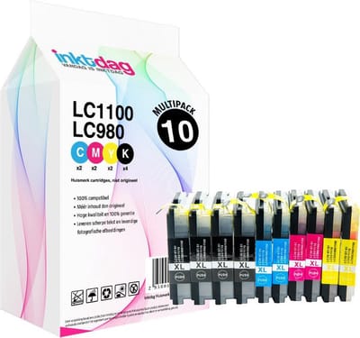 Inktdag inktcartridges geschikt voor Brother LC1100 / LC980/LC985 inktcartridges, multipack van 10 stuks (4*zwart, 2*CMY)