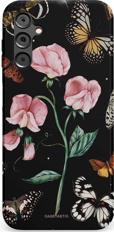 Casetastic hoesje geschikt voor Samsung Galaxy A14 (2023) 5G / Samsung Galaxy A14 (2023) 4G - Dubbellaagse bescherming - Vleugels en bloemen - Fashion Case - Zwart Grijs Taupe