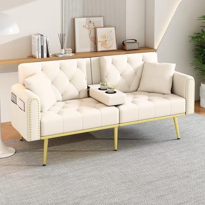 BLACKCOLORS Tweepersoons slaapbank met kantelfunctie, drie verstelbare kantelhoeken en bekerhouder. Geschikt voor de woonkamer, slaapkamer, thuisbioscoop of logeerkamer. Bekleding van stof. Beige.