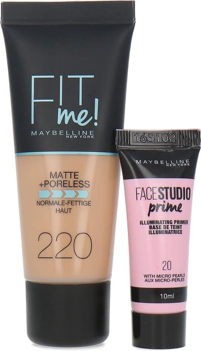 Maybelline Fit Me Matte + Poreless Foundation + Facestudio Prime - 220 Natural Beige (voor normale tot vette huid)