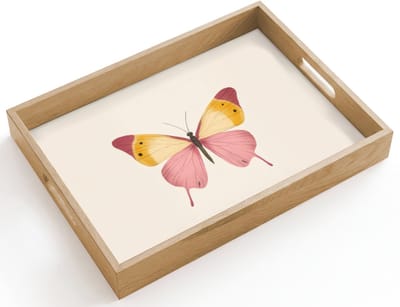 Dienblad hout 40x30 cm - Schootdienblad - Vlinder - Illustratie - Roze - Borrelplank rechthoek - Plateau dienbladen
