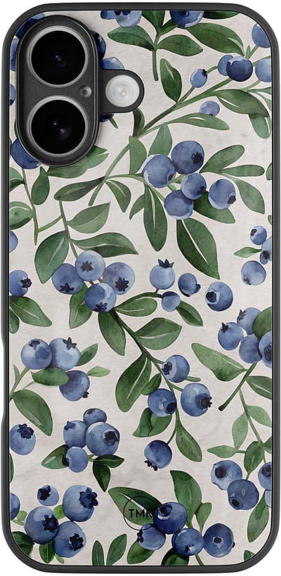Hoesje geschikt voor Apple iPhone 16 - Blueberries - Geel - TPU luxe case (glossy toplaag) - Tekst - Hardcase backcover zwart