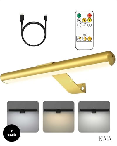 Set van 2 Oplaadbare Schilderijverlichting - Draadloze Wandlamp - Draadloze Schilderijverlichting Oplaadbaar - Touch en remote - Dimbaar LED 3000K/4000K/6500K - Oplaadbare Schilderijlamp Snoerloos - Sterke Accu Schilderijlamp - Goud