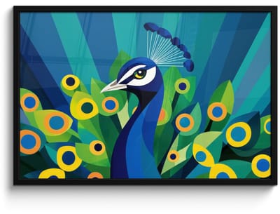 Poster in lijst - Fotolijst 90x60 cm - Posters - Pauw - Cirkels - Blauw - Posterlijst zwart - Decoratie - Wanddecoratie woonkamer - Muurdecoratie slaapkamer