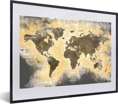 Poster in lijst - Fotolijst 60x40 cm - Posters - Wereldkaart - Gouden - Krant - Posterlijst zwart - Decoratie - Wanddecoratie woonkamer - Muurdecoratie slaapkamer