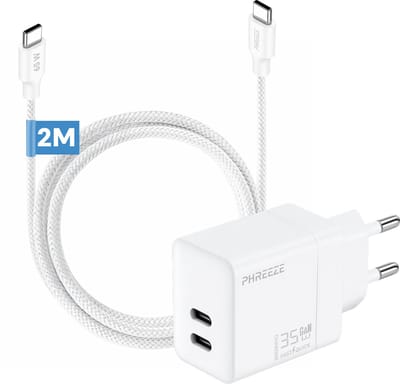 Phreeze usb C oplader 35 W met usb C naar usb C kabel 2 meter - Super fast charger A55 A54 en Tablet - GaN power adapter met 2 usb C poorten