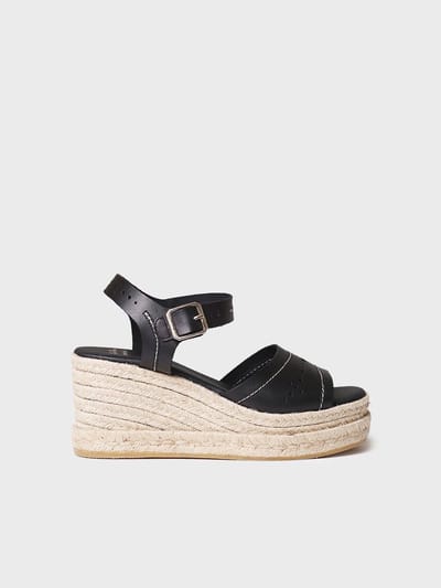 Dames leren espadrille met hoge sleehak | HAIDE