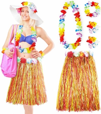 Hawaiiaanse Grasrok Set met 5 Stuks, Tropische Versieringen en Bloemenaccessoires voor Kinderen en Volwassenen, Perfect voor Feestjes en Thema-evenementen