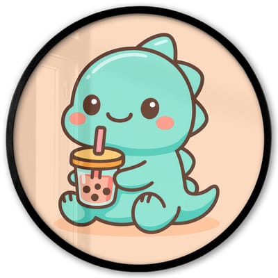 Poster in lijst Rond - Fotolijst 40x40 cm - Posters - Dino - Boba - kawaii - Oranje - Ronde posterlijst zwart - Decoratie - Wanddecoratie woonkamer - Muurdecoratie slaapkamer