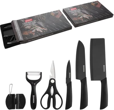 PromoHome 6-delige Keuken Messenset – Messen Set met Schaar, Dunschiller & Messenslijper – Ergonomisch Handvat - RVS– Zwart – Cadeauset