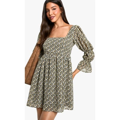 boohoo Dames Bloemen geplooide smock jurk met pofmouwen | Zwart | Maat: 36