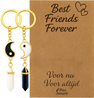 BFF Sleutelhanger voor 2 'Best Friends Forever' - Yin Yang met Edelsteen - Sleutelhangers op Cadeau Kaartje - Goudkleurig - Vriendschap Symbool - Pax Amare