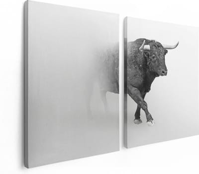 Artaza Canvas Schilderij Tweeluik Stier Op Een Grijze Achtergrond - Zwart Wit - 120x80 - Foto Op Canvas - Canvas Print