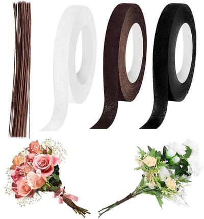 3 Roll Floratape (27m/Rol) + 100 Stelen Kunstbloemen voor Bloemboeketten en Handwerk (zwart, wit, bruin)