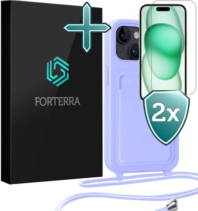 Hoesje Geschikt voor iPhone 15 Plus Pashouder Case Siliconen Hoes Met Koord Met 2x Screenprotector - Hoes Geschikt voor iPhone 15 Plus Met Telefoonkoord Hoesje Back Cover Met Pasjeshouder - Lila