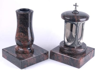 Graflamp met Vaas - Grafdecoratie set - Herdenken op begraafplaats - Handgemaakt graniet gepolijst - Medium formaat - Zilverkleurig
