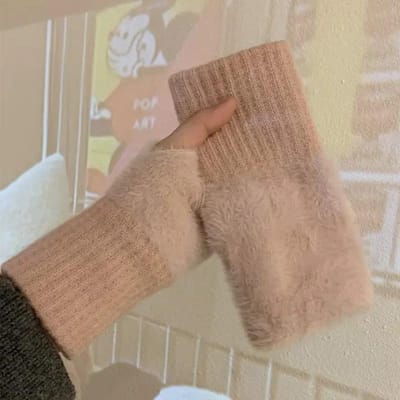 Gants Pelucheux Couleur Unie pour Femmes en Automne et Hiver Chauds Tricotés en Laine Écran Tactile Doigts Découverts Demi-Doigts rose