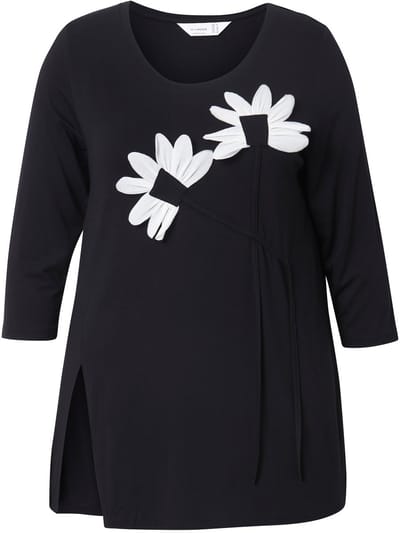 MIAMODA - Dames - T-shirt A-lijn 3D-bloemen - Zwart - Maat 52
