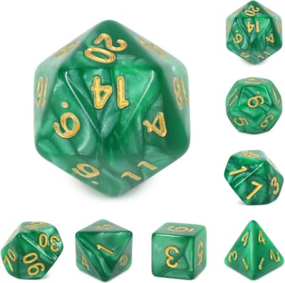 Polyset Dice | Dobbelstenen - Set Van 7 Stuks - Donker Diep Groen Marmer Parelmoer Goud | Voor D&D en Andere Rollenspellen | Plastic Dobbelstenen Set voor Dungeons and Dragons | Polyhedral Dice Set | Mooie Zwarte Velvet Dice Bag voor Ongeveer 3 Sets