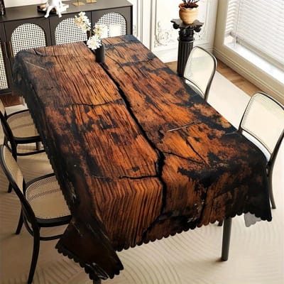 Rustieke Verweerde Houten Tafelkleed, Print van Gebarsten Planken met Golvende Rand, Vlekbestendig voor Eetkamer & Boerderij Decoratie 90x140cm brown