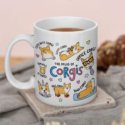 Creasowl® Corgi Mok 325ml – Mok Hond - Keramische Koffiemok met Corgi Illustraties - Grappig Cadeau voor Hondenliefhebbers - Mok voor Koffie, Thee of Chocolademelk