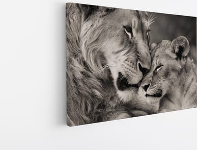 Saammp Canvas Schilderij - Leeuw met welp - Liefde - Landschap - Dieren - Natuur - 45x30 - Foto op canvas - Wanddecoratie - Muurdecoratie Woonkamer - Slaapkamer decoratie - Canvas Print