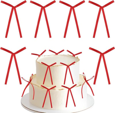 SnelShoppen - 30 Stuks Rode Stoffen Strik Cake Topper Decoraties voor Verjaardag, Bruiloft, Baby Shower, Kerstfeest, Feestjes