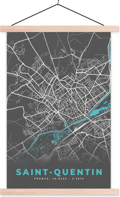 Posterhanger incl. Poster 40x60 cm - Schoolplaat - Plattegrond - Stadskaart - Kaart - Saint-Quentin - Frankrijk - Textielposter - Blanke latten - Stadskaart