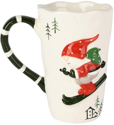 Dekoratief | Mok hoog 'Santa on Ski's', rood/wit/groen, keramiek, 15x9x15cm | A255622