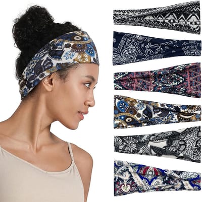 Set van 6 Elastische Brede Haarbanden met Multikleurige Bloemenprint voor Yoga, Fitness en Hardlopen